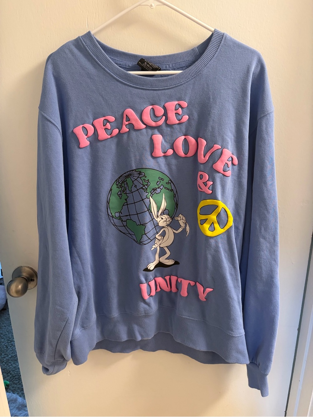 Warner Bros Looney Tunes Bugs Bunny Puff Print Peace Love Sweatshirt Periwinkle